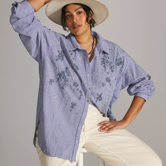 Anthropologie Pilcro Beaded Button Up Striped top XL - Picture 4 of 11